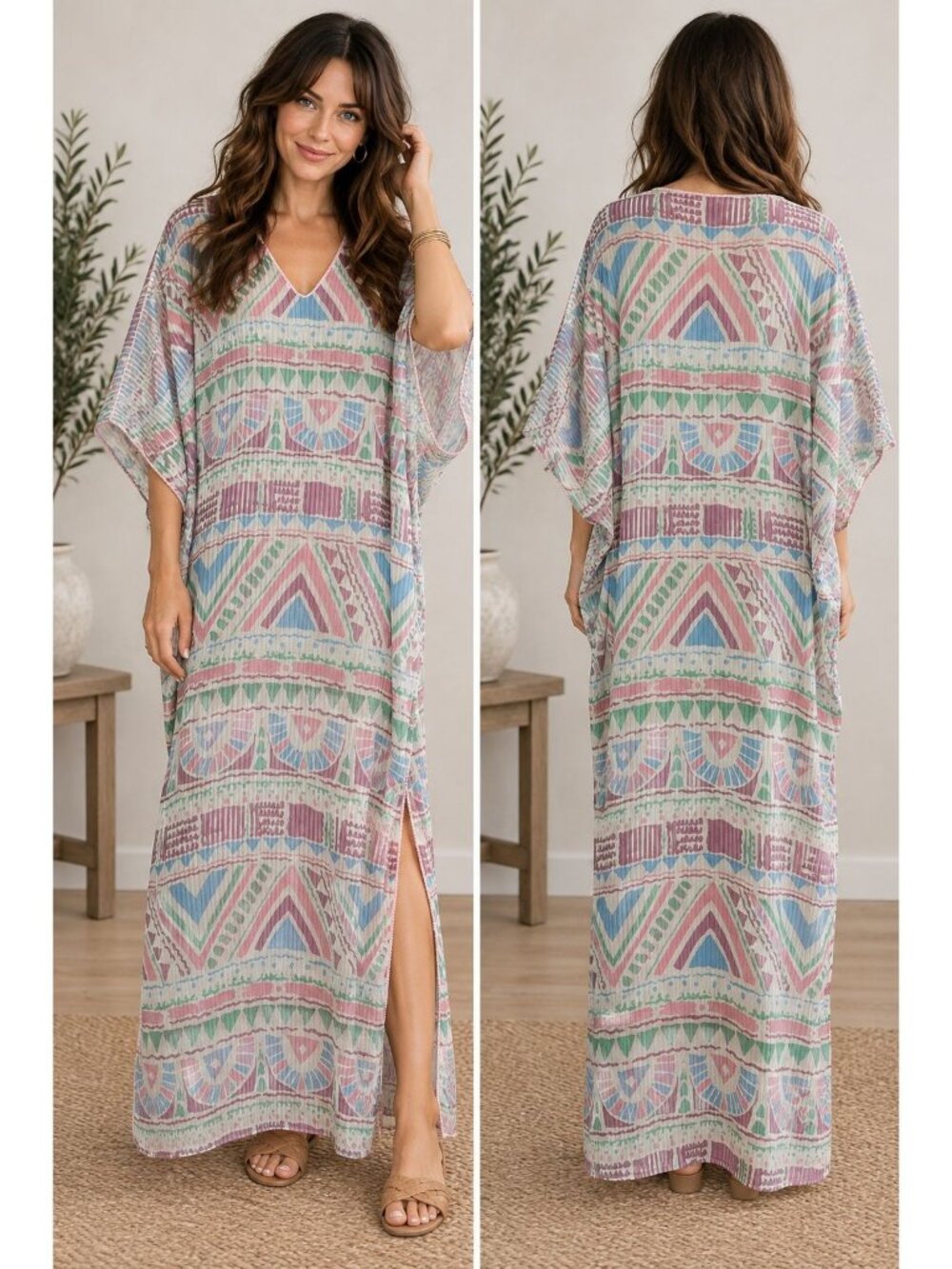Vintage Mary McFadden Collection I Pastel Caftan Maxi Dress Geometric USA 80s